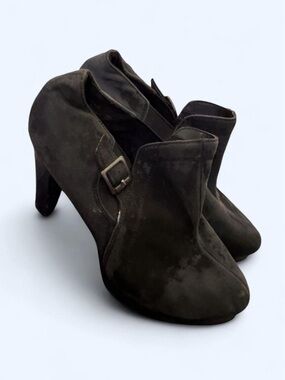 FIONI Clothing Black Suede High Heel Ankle Booties with Buckle Accent